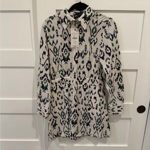 Zara White Mini Dress with Black and Green Ikat Print